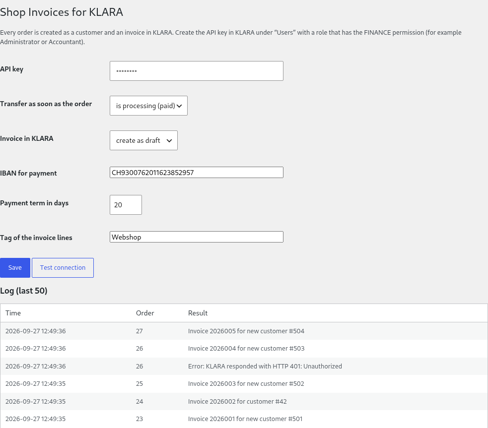 Settings page in the WordPress admin: API key, trigger, draft or booking, IBAN, log of transferred orders